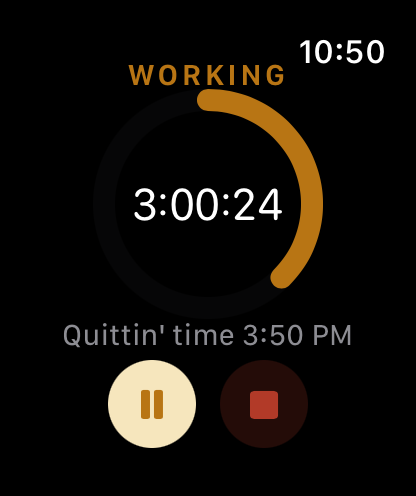 Apple Watch glance in the WORKING state, showing a brass progress ring most of the way filled, 3:00:24 of active work logged, and a projected quittin' time of 3:50 PM above Pause and Stop controls