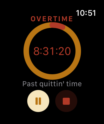 Apple Watch glance in the OVERTIME state, showing the brass ring fully closed with a red overage arc, 8:31:20 logged in red, and the words Past quittin' time above Pause and Stop controls